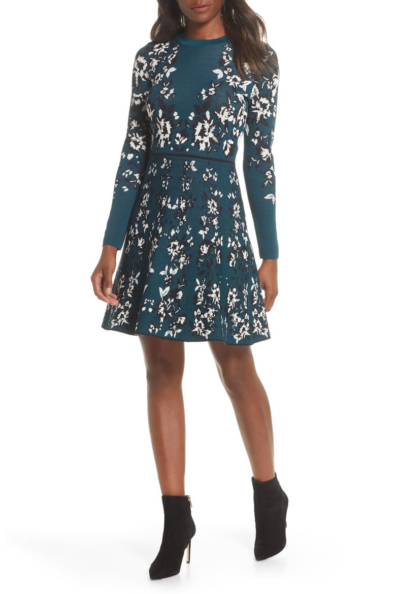 Floral Long Sleeve Fit & Flare Sweater Dress, Main, color, GREEN