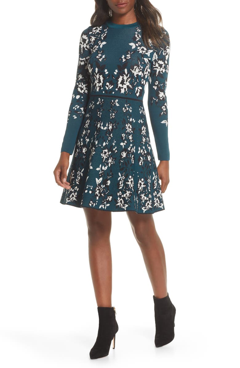 Eliza J Floral Long Sleeve Fit & Flare Sweater Dress, Main, color, 