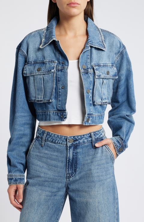 Distressed Denim Crop Cargo Jacket
