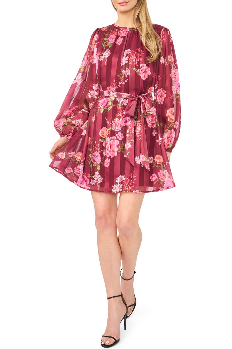 Briana Floral Stripe Long Sleeve Minidress, Main, color, BEET RED