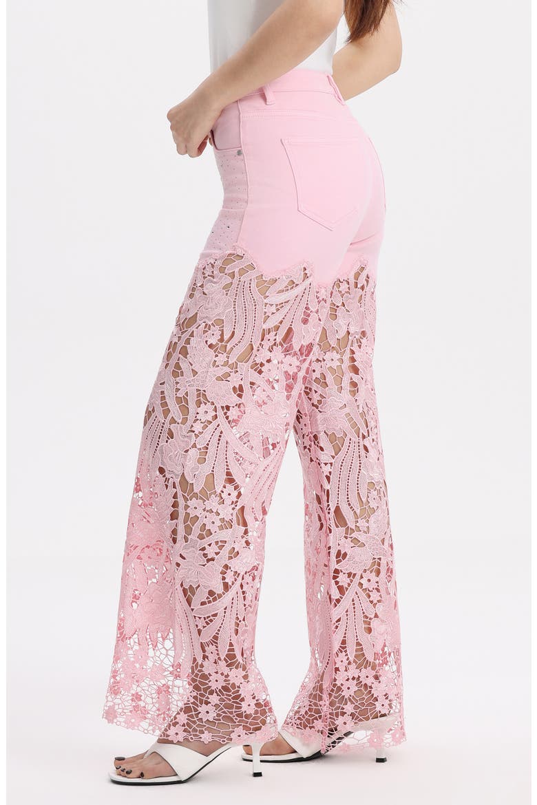 High Waist Crystal Embellished Lace Wide Leg Jeans, Alternate, color, PINK