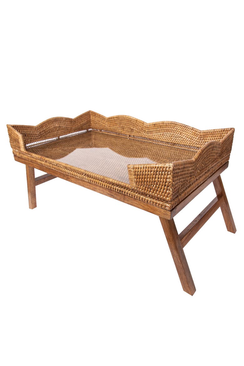 Artifacts Rattan Scallop Design Breakfast Tray with Wooden Legs & Glass Insert, Alternate, color, Honey Brown
