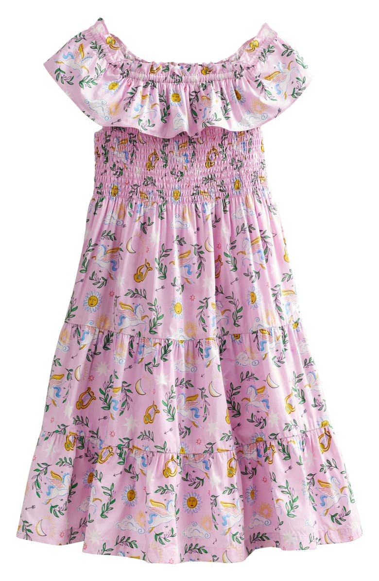 Mini Boden Kids' Print Smocked Cotton Dress, Main, color, Soft Lavender Unicorn