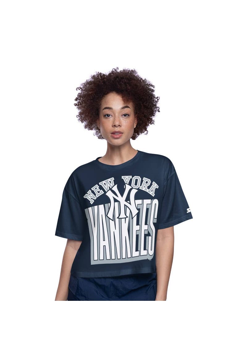 Women's Starter Navy New York Yankees Play the Ball Boxy Cropped T-Shirt, Alternate, color, Navy