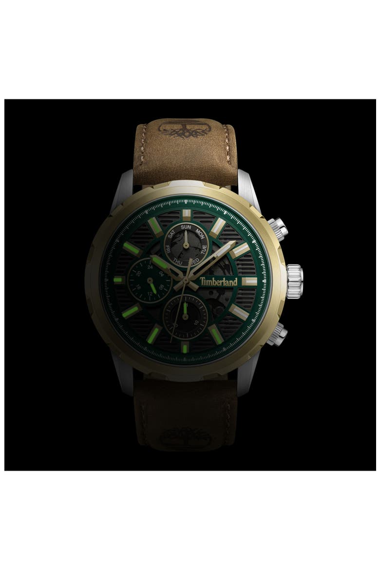Hampton Harbour Multifunction Chronogrpah Leather Strap Watch, 46mm, Alternate, color, DARK BROWN