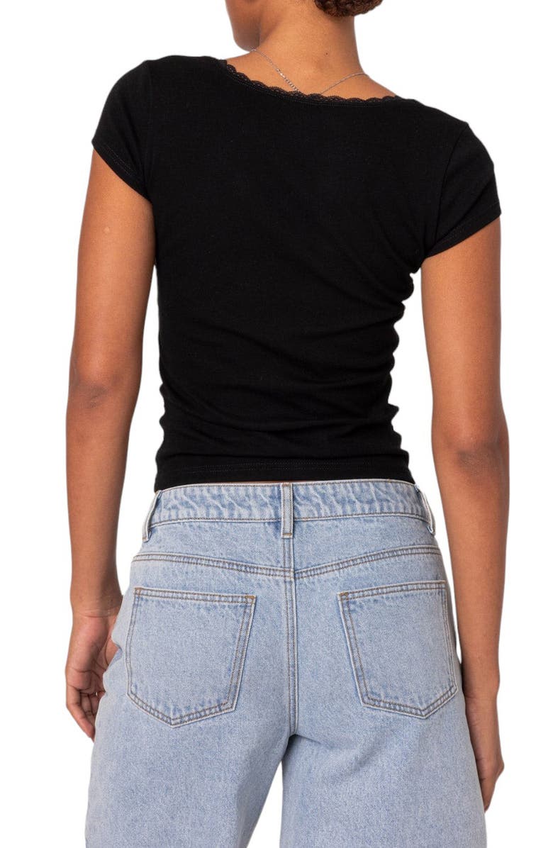 EDIKTED Priscilla Lace Trim Stretch Cotton Crop Top, Alternate, color, Black