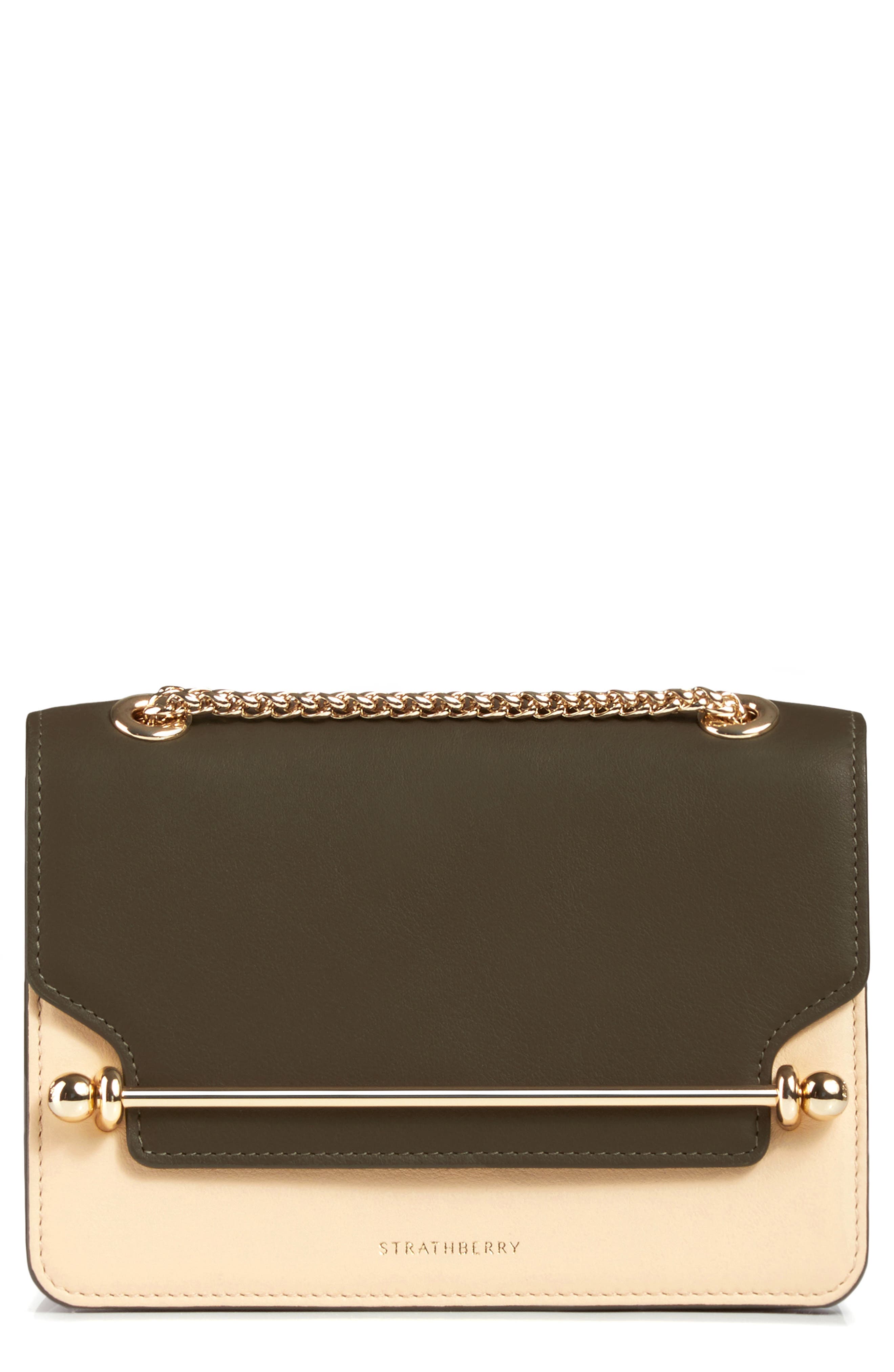 Mini East/West Tricolor Leather Crossbody Bag, Main, color, FOREST/ SAND/ BURGUNDY
