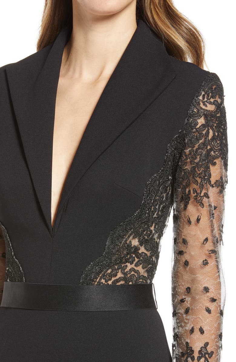 Tadashi Shoji Lace Detail Plunge Neck Long Sleeve Crepe Gown, Alternate, color, 