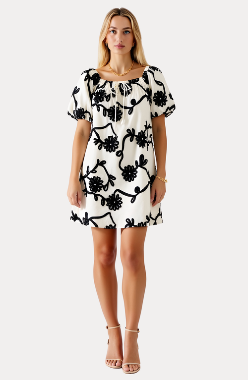 Modenaire Textured Floral Mini Dress With Puff Sleeves And Tie Neckline In Multi