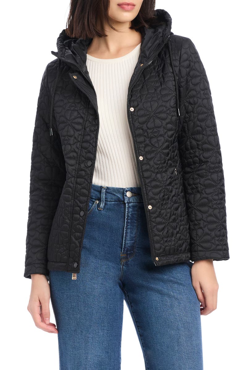 Kate Spade New York water resistant hooded floral quilted short jacket, Alternate, color, Black