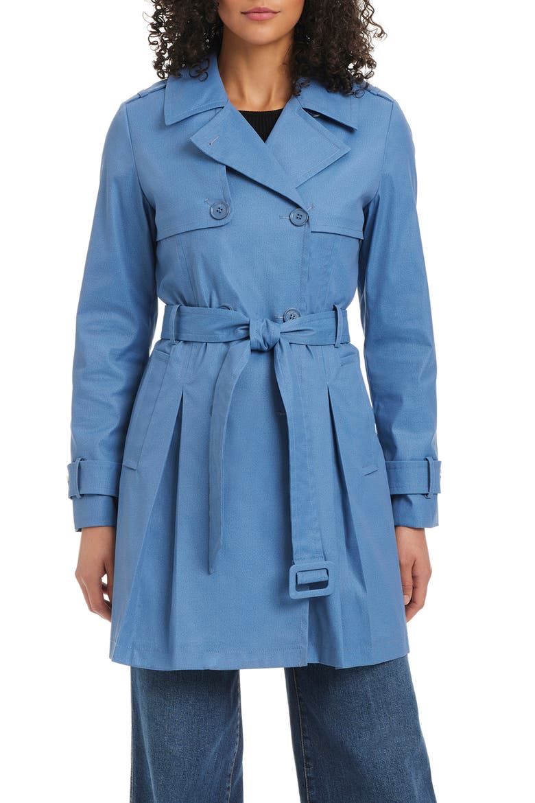 belted double breasted pleated trench coat, Main, color, PRINTED DENIM