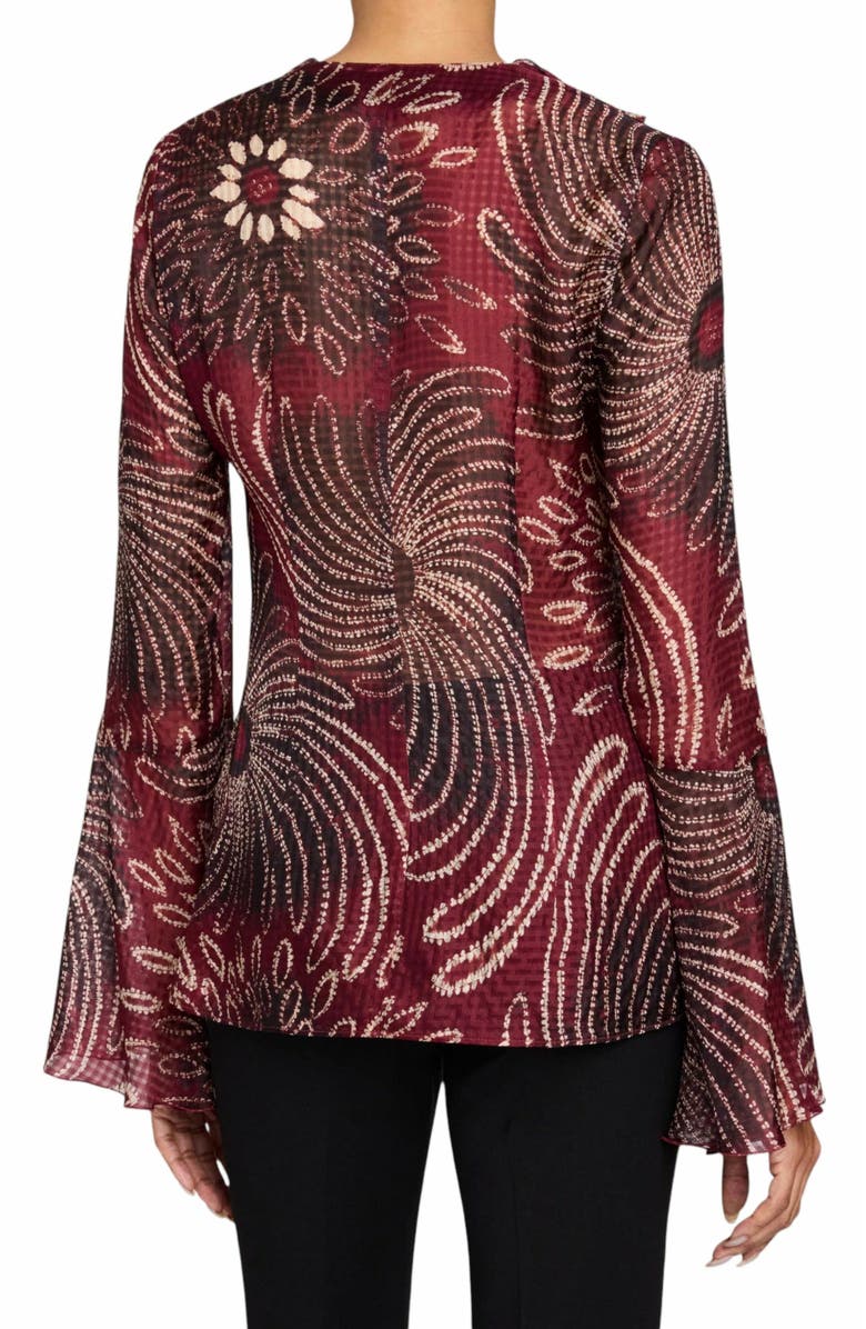 Santorelli SYDNEY Long Sleeve Button Down Blouse with Ruffles in Silk Modern Gingham Floral Print, Alternate, color, Cherry Cola