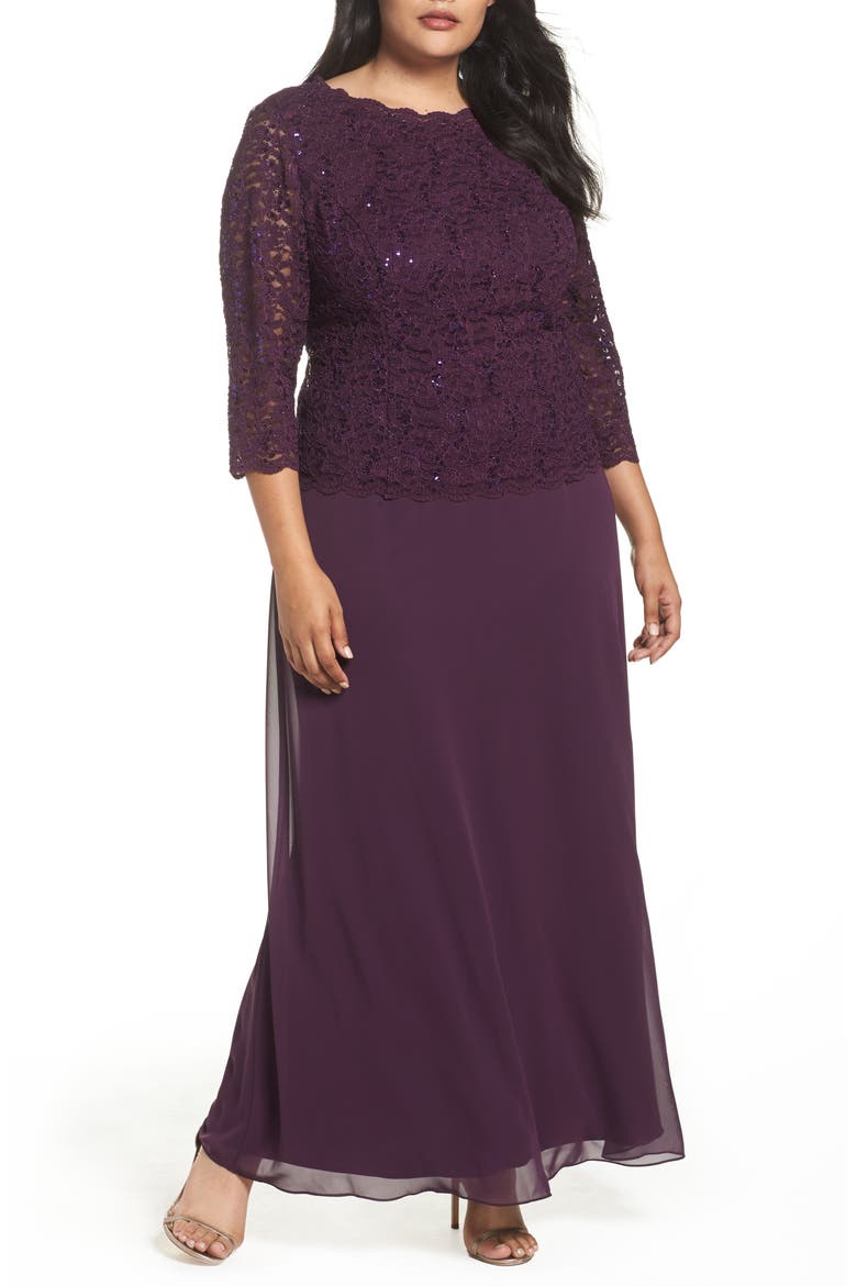 Mock Two-Piece A-Line Gown, Main, color, DEEP PLUM