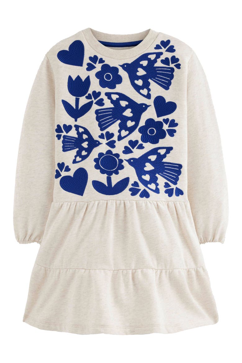 Kids' Bird Embroidered Long Sleeve Cotton Sweatshirt Dress, Main, color, OATMEAL MARL APPLIQUE