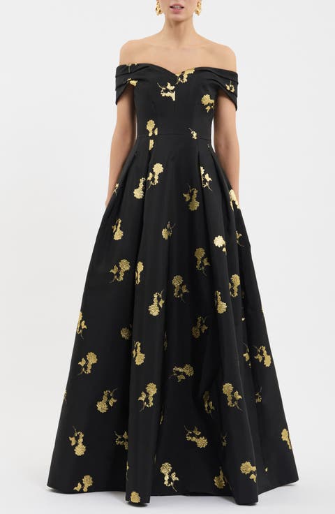 Mariya Metallic Rose Jacquard Off the Shoulder Gown
