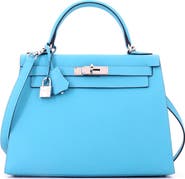 Pre-Owned Hermes Kelly Handbag Blue Epsom with Palladium Hardware 28