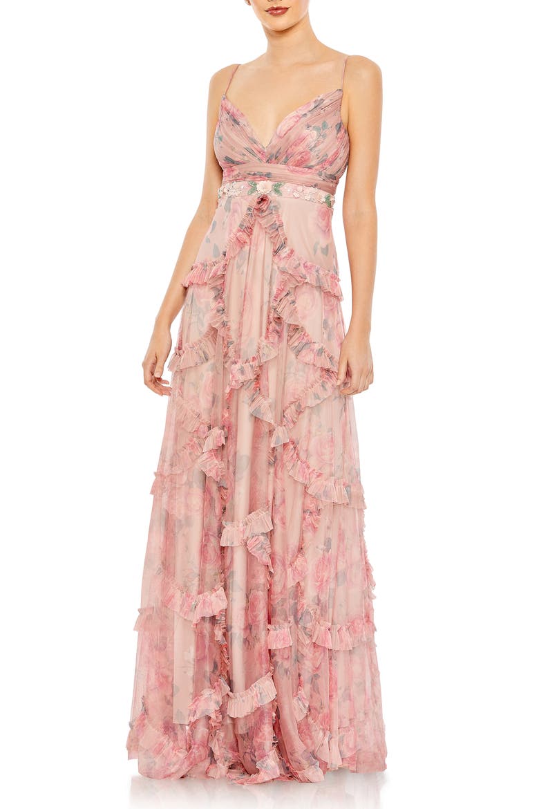 Floral Ruffled A-Line Gown, Main, color, ROSE PINK