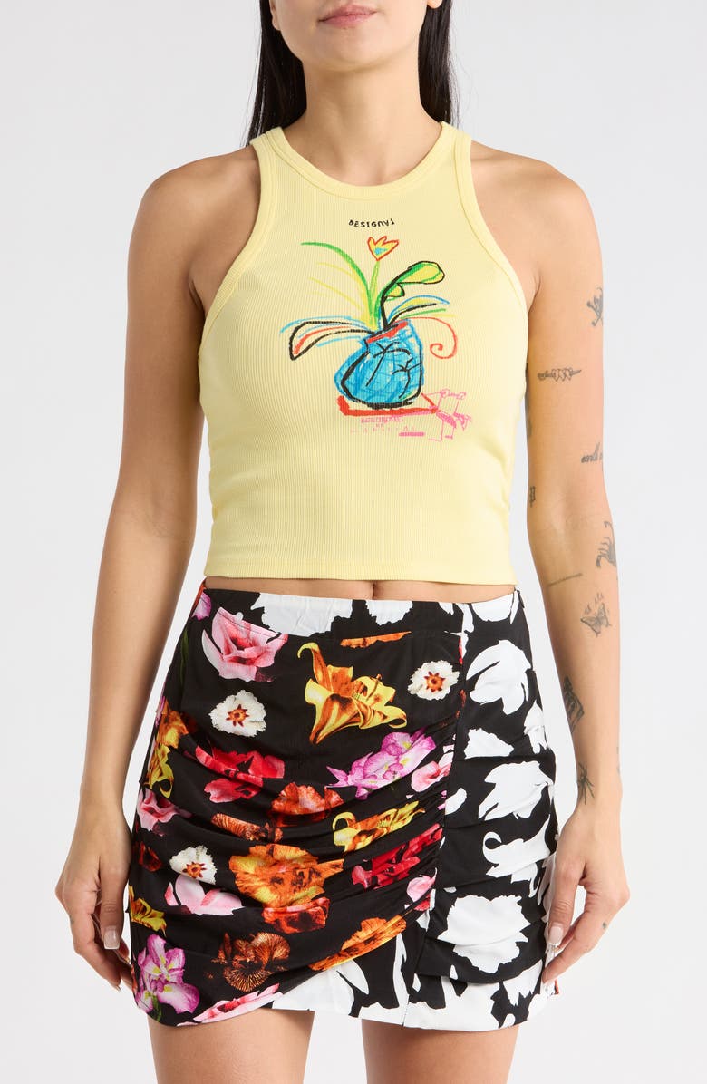 Desigual Ribbed Crop Graphic Tank, Main, color, Yellow