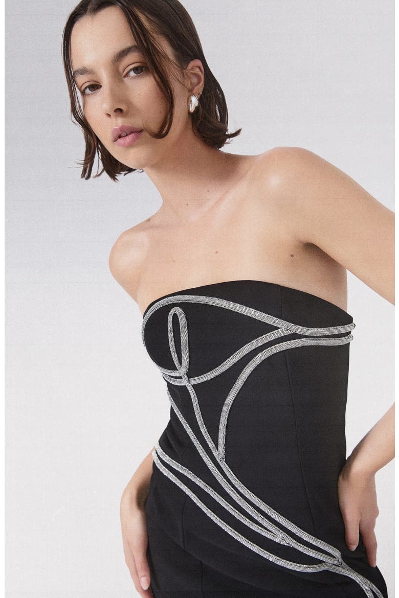 Abbey Metallic Soutache Strapless Twill Cocktail Minidress, Alternate, color, BLACK