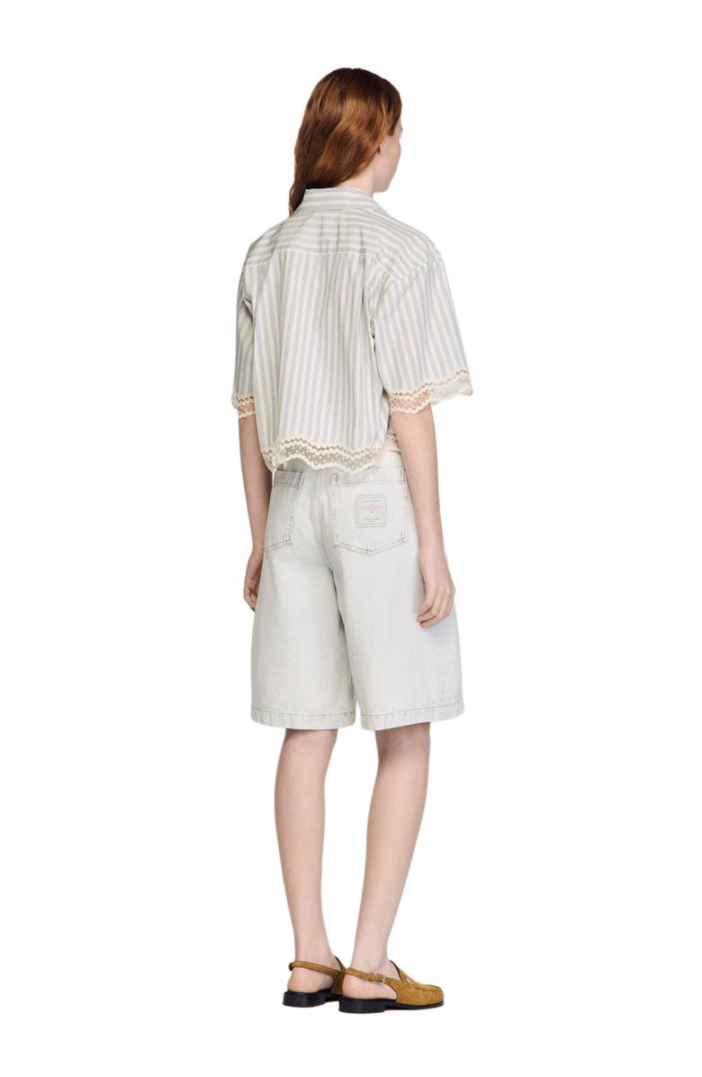 SANDRO Cropped striped cotton shirt, Alternate, color, Ecru / Bleu