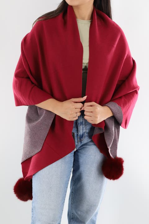 Two Tone Scarf with Faux Fur Poms