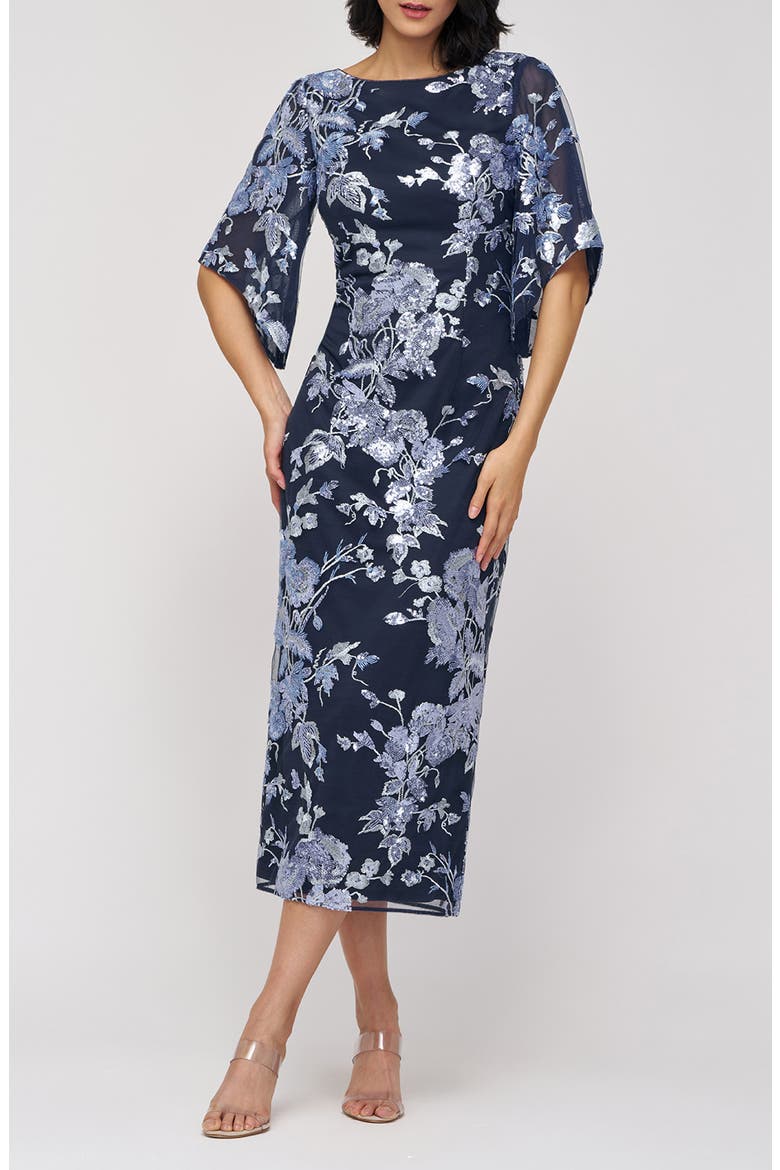 Lea Sequin Embroidered Flutter Sleeve Cocktail Dress, Main, color, NAVY MULTI