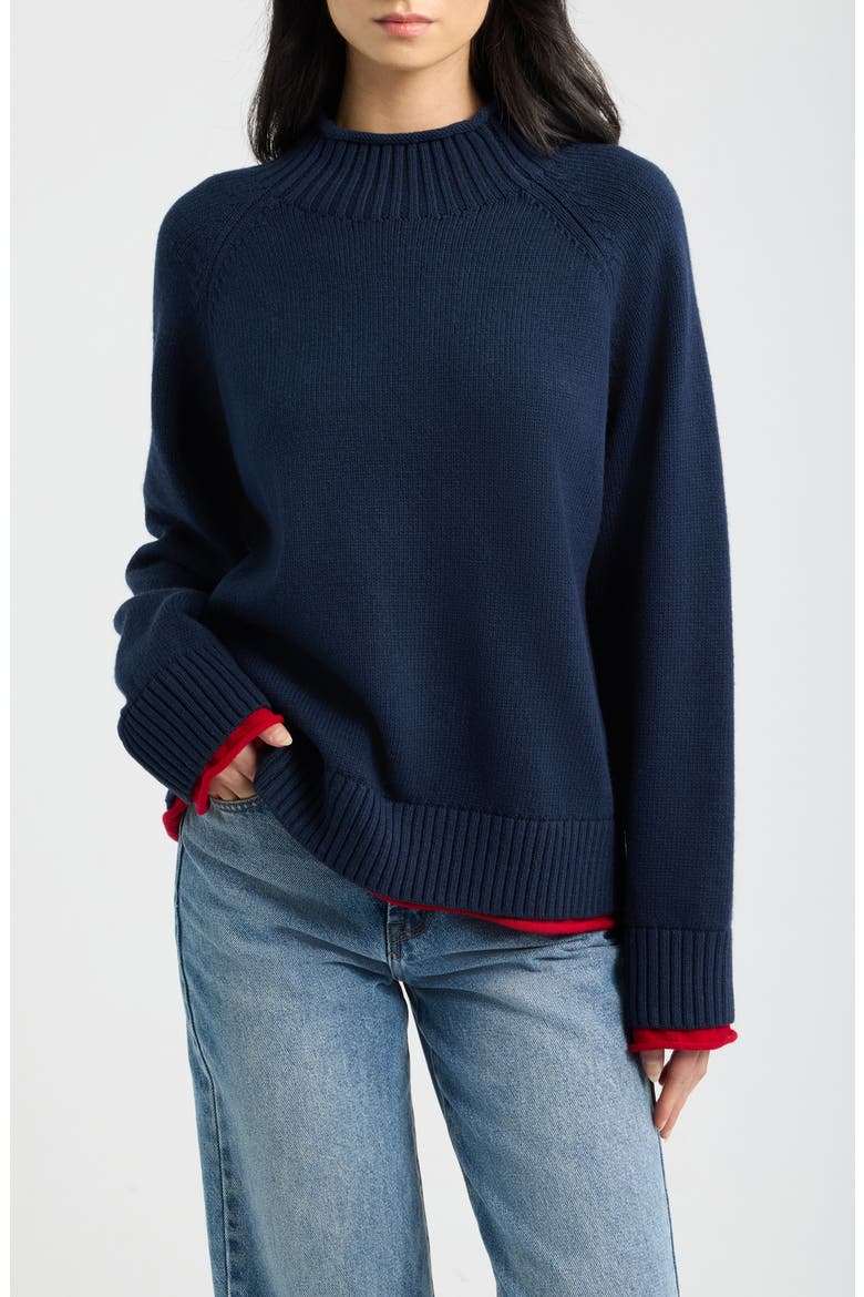 Hazel Roll Neck Cotton & Wool Sweater, Main, color, NAVY
