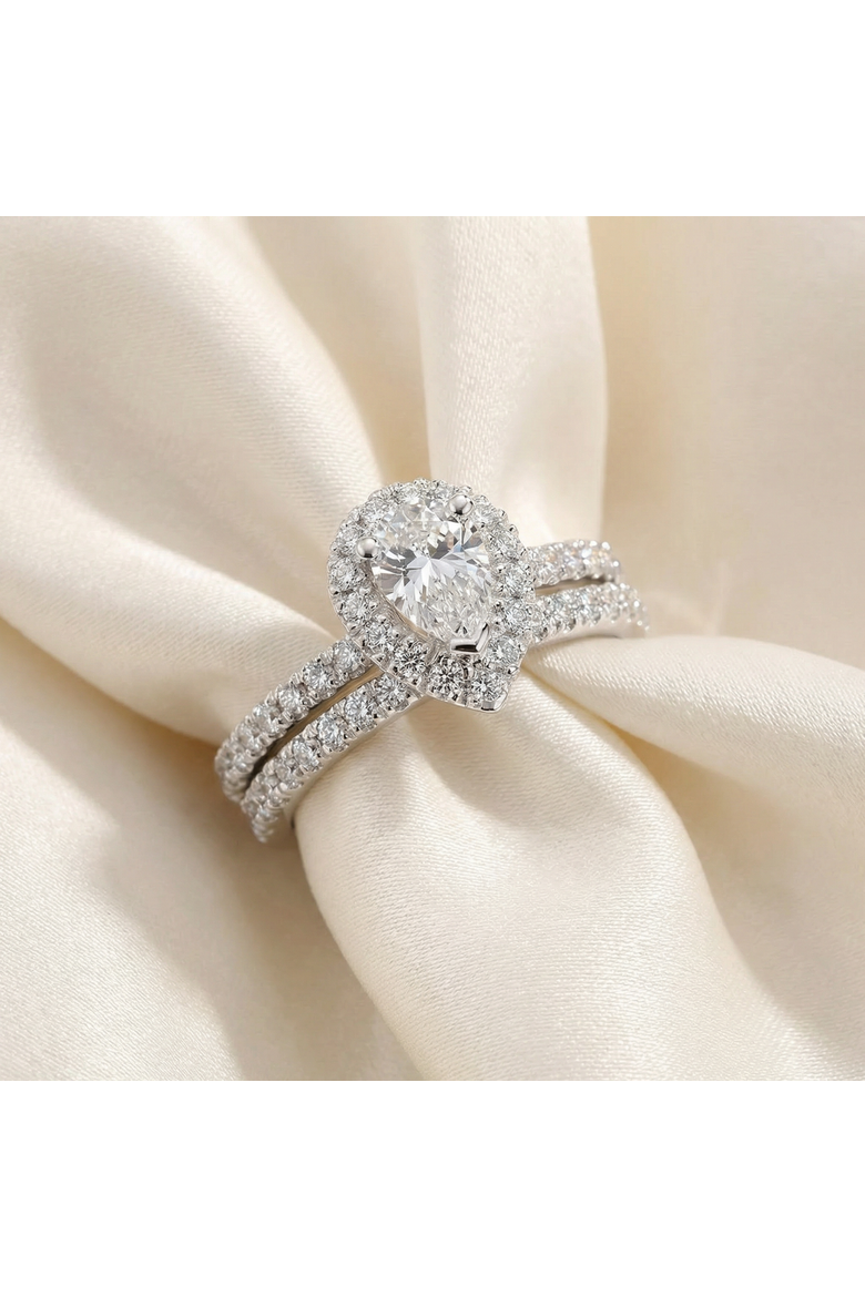 1 1/10ct Pear Halo Diamond Engagement Wedding Ring Set 14k Gold Lab Grown, Alternate, color, 14k White Gold