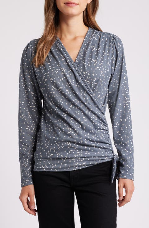 Dot Print Faux Tie Wrap Top