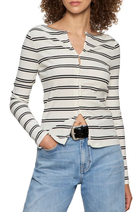 Stripe Button Front Long Sleeve Rib Top