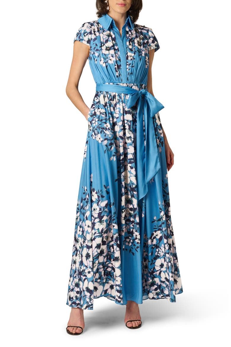 Print Tie Waist Gown, Main, color, BLUE MULTI
