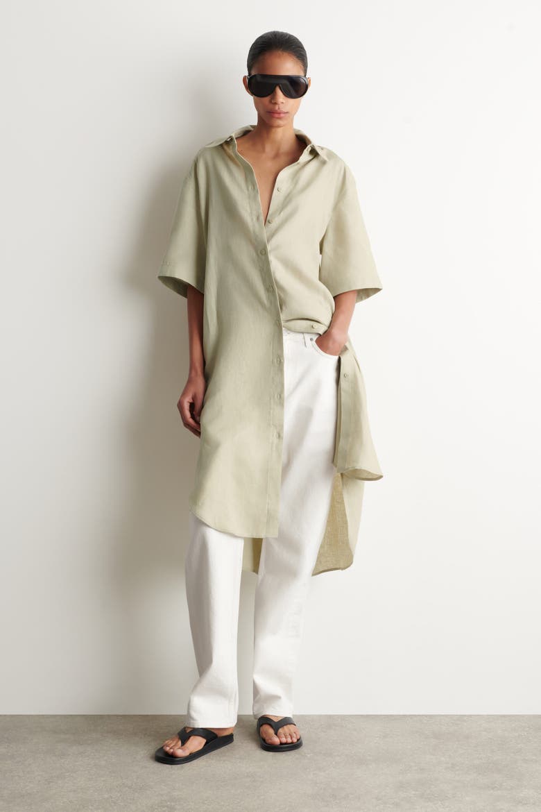 Short-Sleeved Linen Shirt Dress, Alternate, color, BEIGE