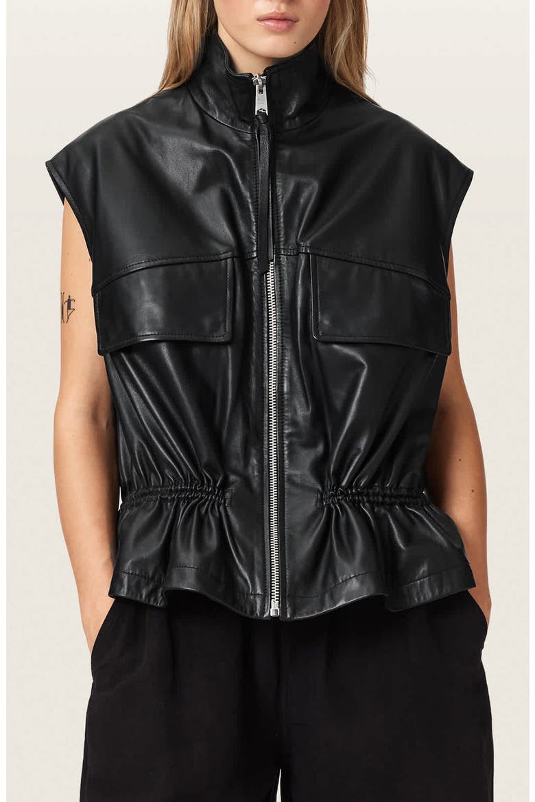 Flor Zip-Up Leather Gilet, Main, color, BLACK