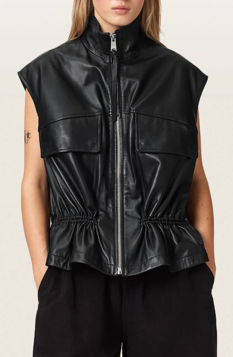 AllSaints Flor Zip-Up Leather Gilet, Main, color, Black