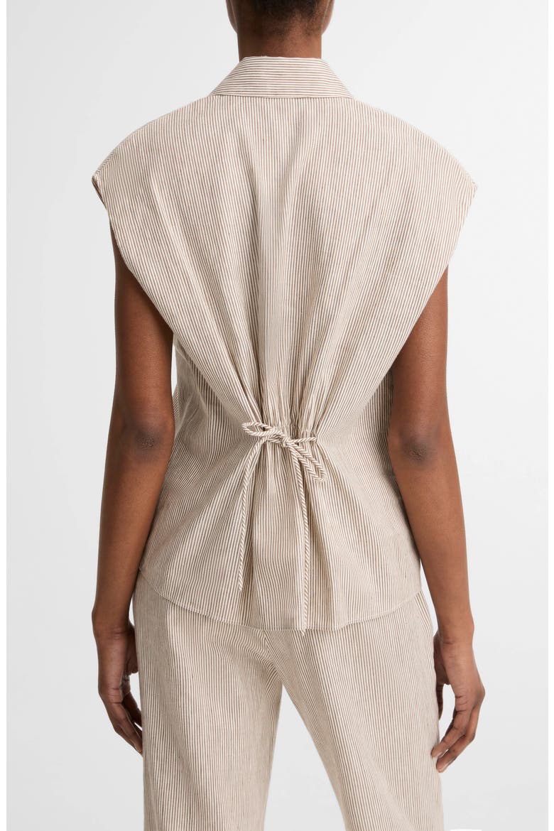 Ticking Stripe Cap Sleeve Linen & Cotton Button-Up Shirt, Alternate, color, TAUPE WOOD
