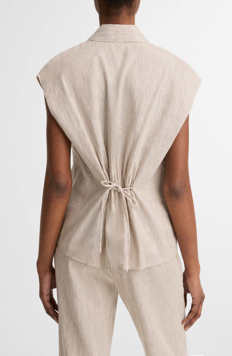 Vince Ticking Stripe Cap Sleeve Linen & Cotton Button-Up Shirt, Alternate, color, Taupe Wood