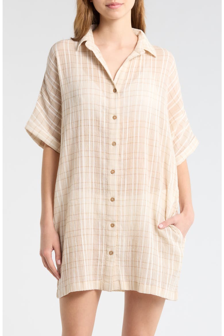 Paradise Check Cover-Up Shirtdress, Alternate, color, OFF WHITE