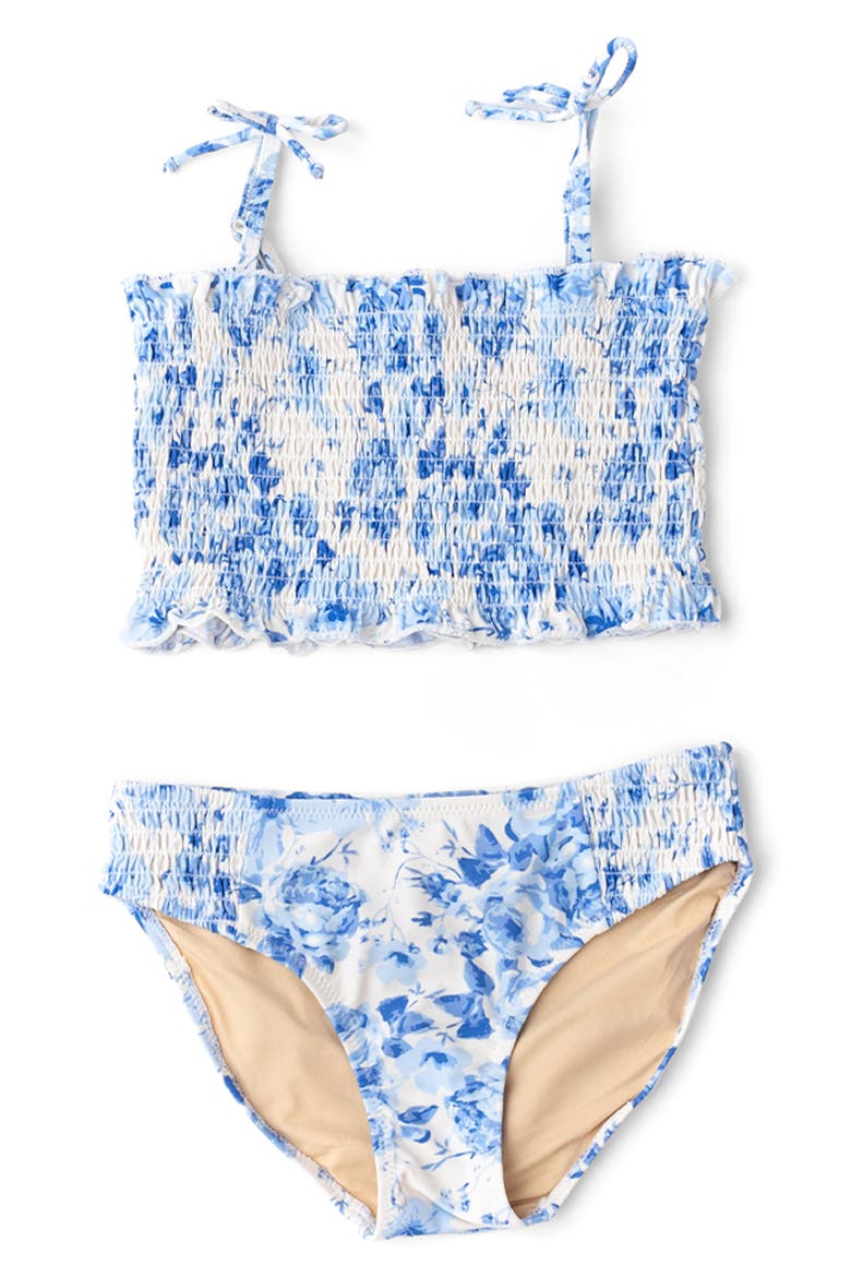 Kids' Hibiscus Rose Smocked Two-Piece UPF 50+ Swimsuit, Main, color, BLUE