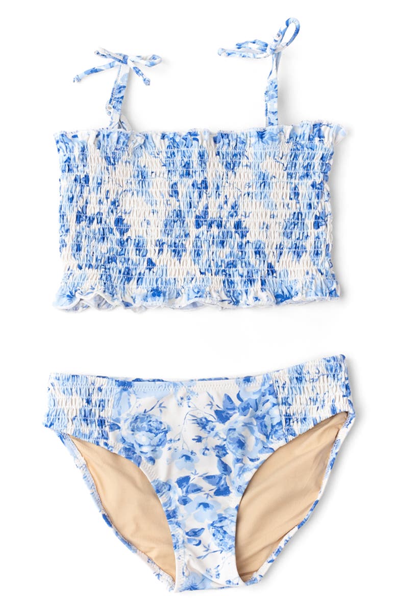 Shade Critters Kids' Hibiscus Rose Smocked Two-Piece UPF 50+ Swimsuit, Main, color, Blue