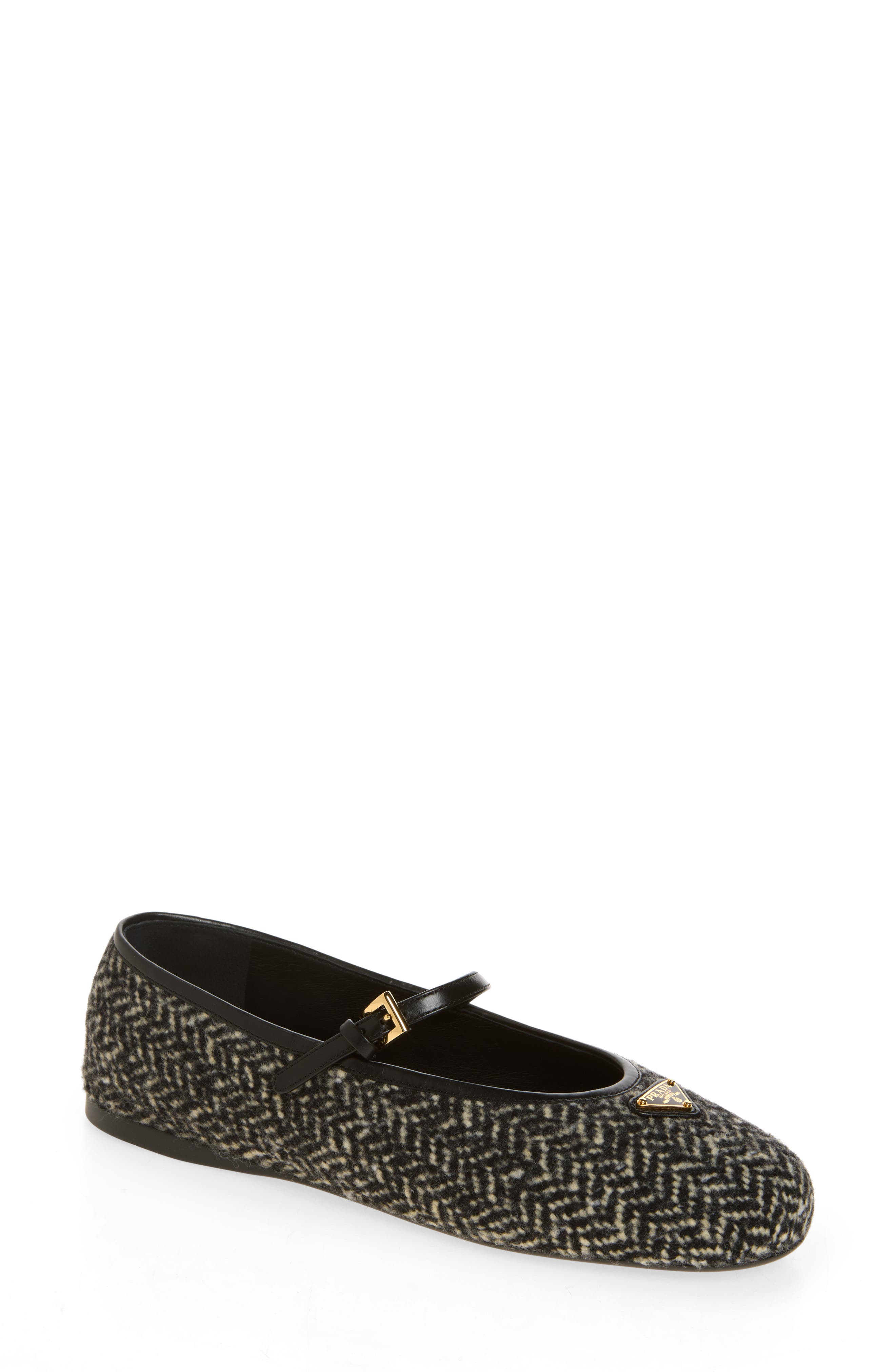 Logo Herringbone Tweed Mary Jane Flat, Main, color, BIANCO/ NERO