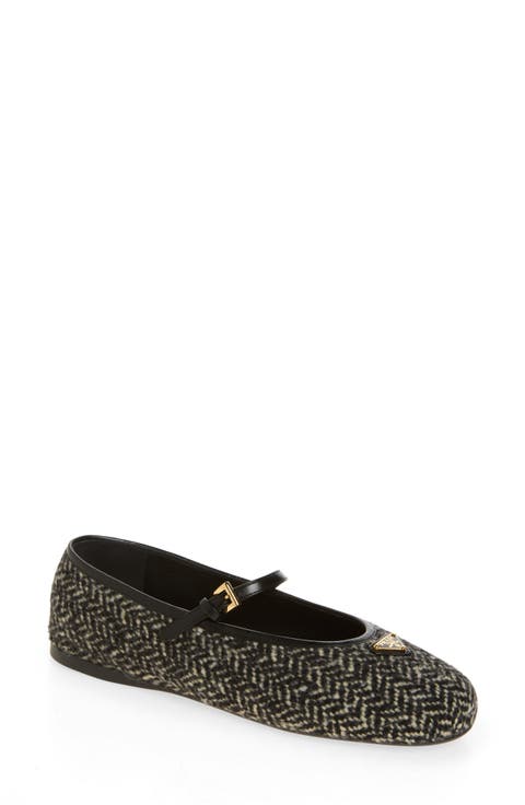 Logo Herringbone Tweed Mary Jane Flat