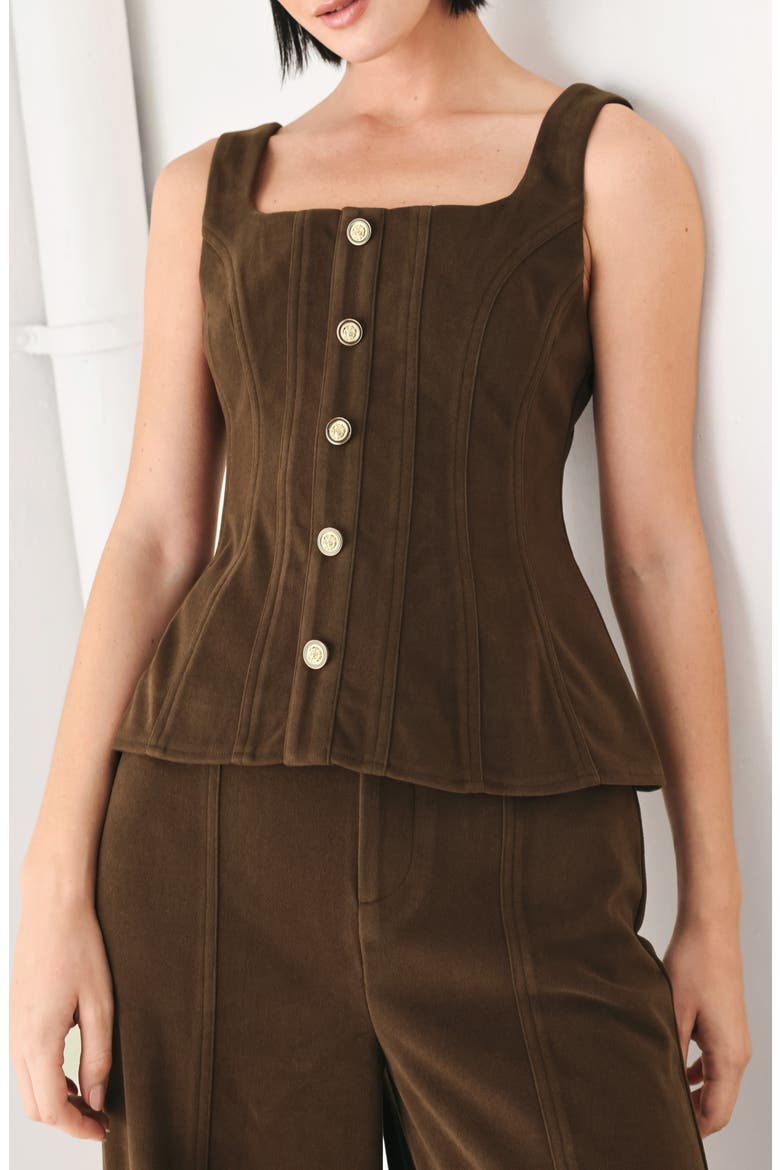 Crest Button Peplum Corset Top, Alternate, color, BROWN