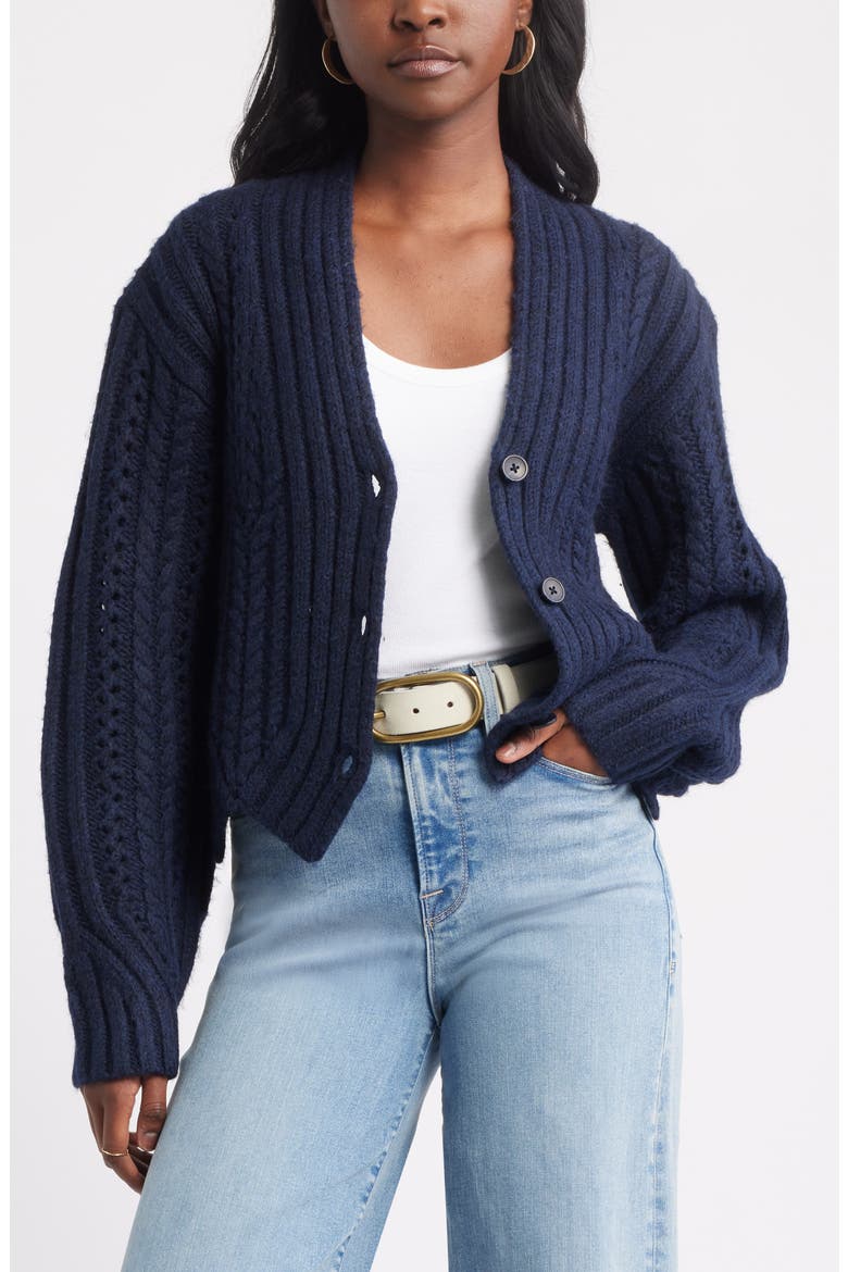 Chevron Hem Cable Cardigan, Main, color, NAVY STILL