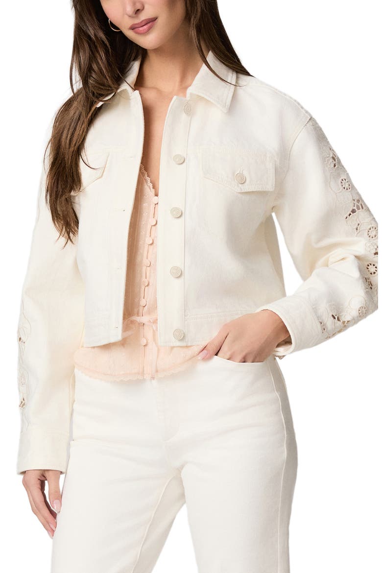 Michele Embroidered Sleeve Crop Denim Jacket, Main, color, TONAL ECRU