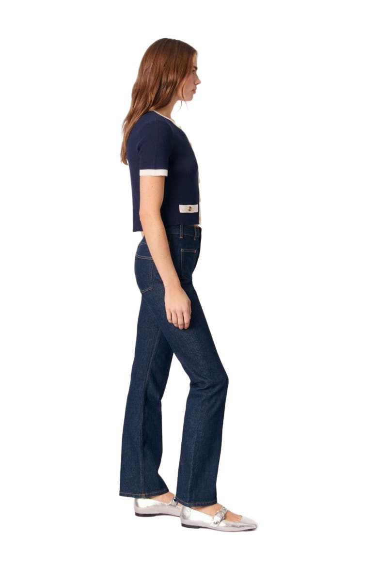 Cropped short sleeve cardigan, Alternate, color, Navy / ecru