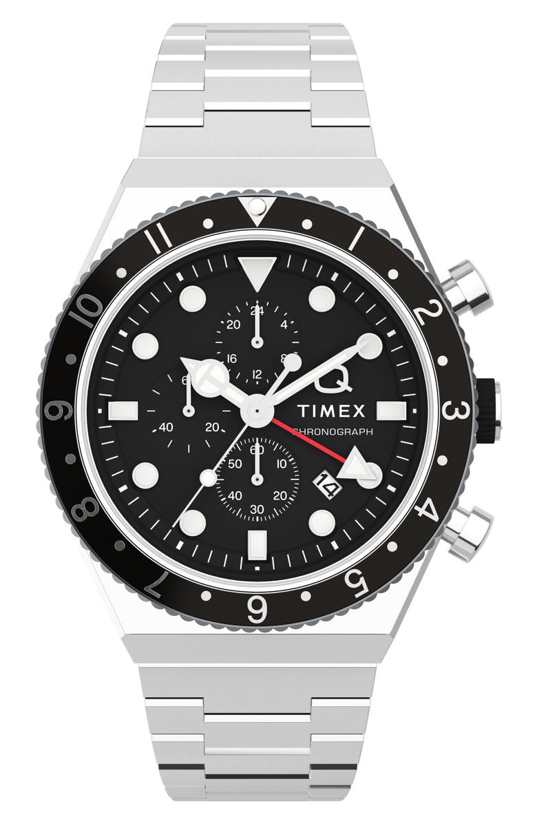 Timex<sup>®</sup> Q Timex 3-Time Zone Bracelet Chronograph Watch, 40mm, Main, color, Stainless Steel