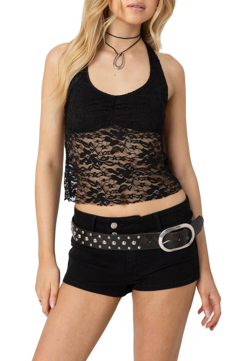 EDIKTED Tia Sheer Lace Crop Halter Top, Main, color, Black