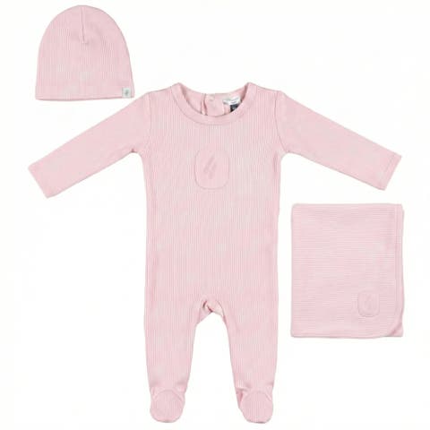 Soft Modal Rib Scalloped Binding Embossed Romper, Hat And Blanket Set