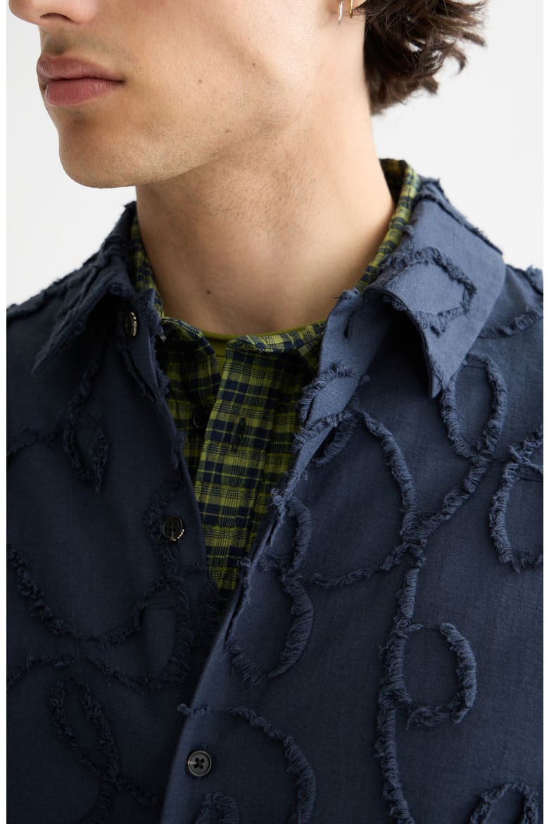 Oversize Textured Short Sleeve Cotton Blend Button-Up Shirt, Alternate, color, SKY CAPTAIN