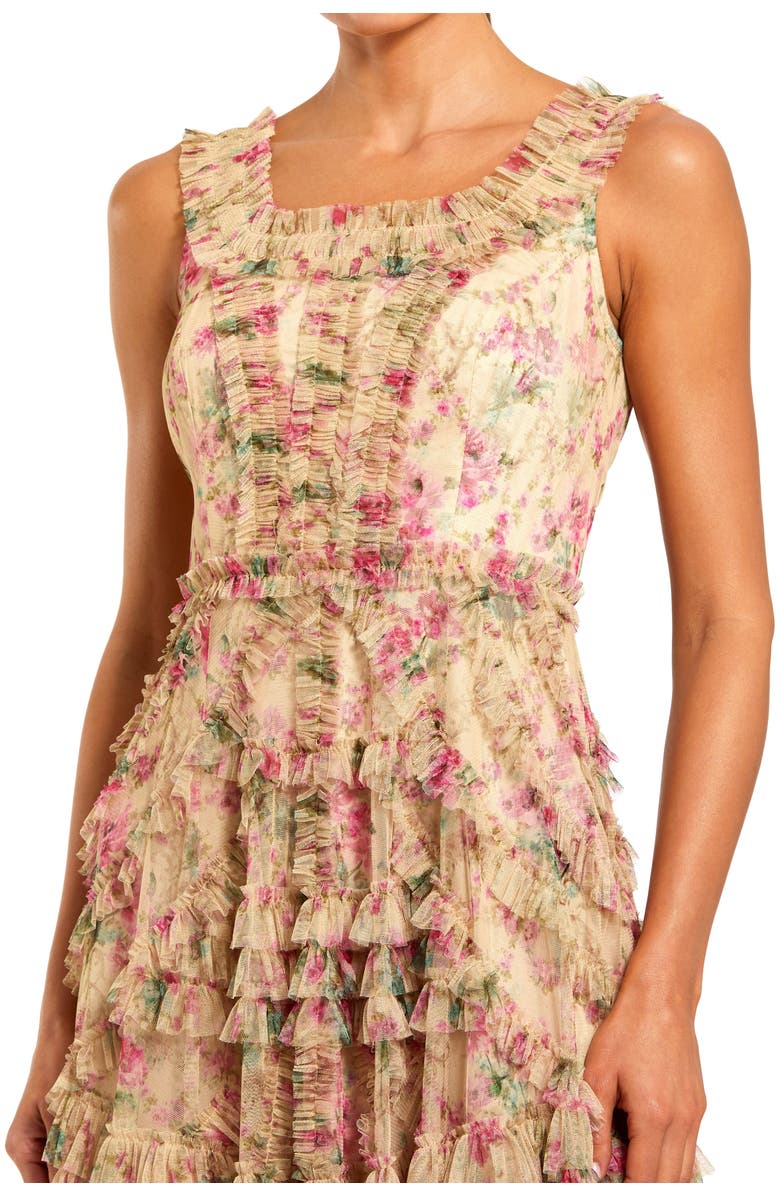 Mac Duggal Floral Printed Sleeveless Ruffle Midi Dress, Alternate, color, Beige Multi